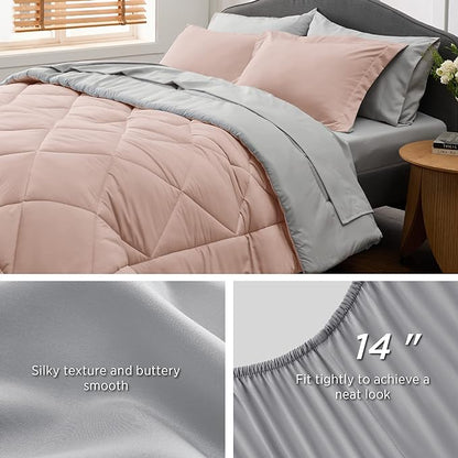 Bedsure Blush Pink Twin Comforter Set - 5 Pieces Reversible Twin Bed in a Bag, Extra Long Twin Bed Set with Comforters, Sheets, Pillowcase & Sham, Twin Bedding Sets for College - LeafyLoom