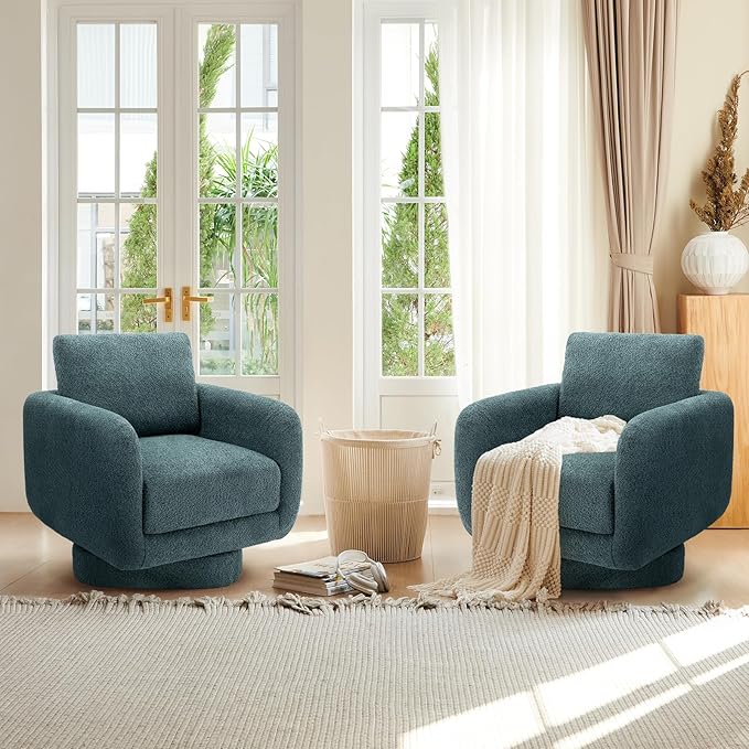 COLAMY Swivel Accent Chairs for Living Room, 32Inches Wide Upholstered Armchair with Plush Back Pillow, Modern Sofa Corner Barrel Chair for Nursery/Living Room/Bedroom-Teal - LeafyLoom