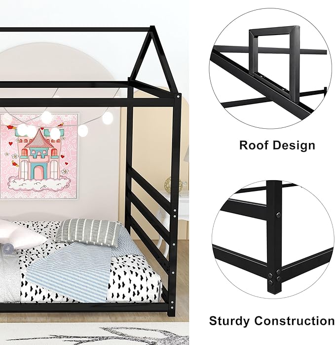 Bellemave Queen Size Metal Floor Bed for Kids,Montessori Floor Bed with Roof,House Bed for Boys Girls,Metal House Shape Platform Bed,Black - LeafyLoom