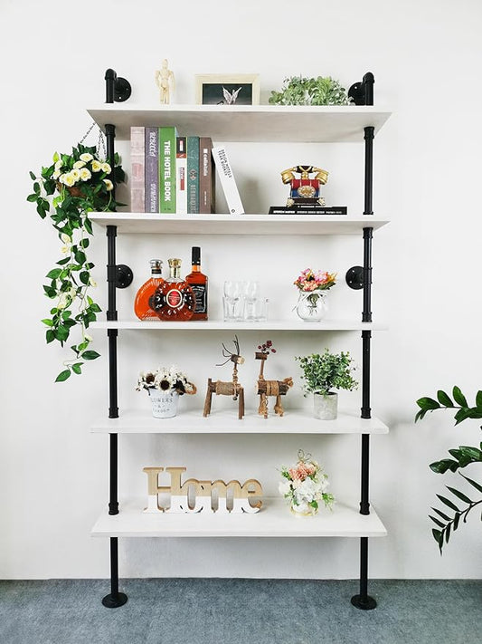 Ladder Pipe Shelves, Wall Mounted Industrial Shelves for Living Room Storage (White, 5 Tier - 10" D x 36" W x 70" H) - LeafyLoom