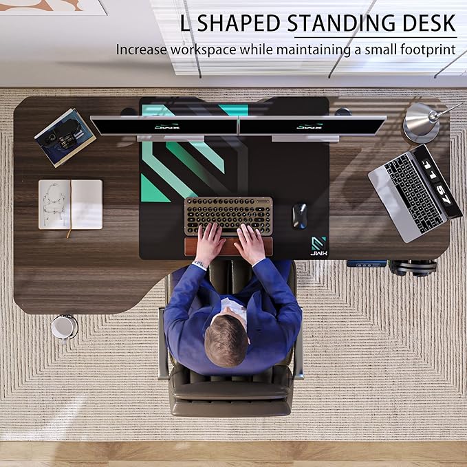 Standing Desk, L Shaped Adjustable Standing Desk, 63'' Corner Height Adjustable desk with Cup Holder, Headphone Hook, Cable Manager, and Mouse pad, Brown Panel - LeafyLoom