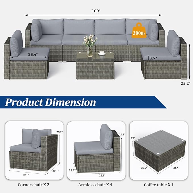 SUNVIVI OUTDOOR 7 Piece Patio Furniture Sets All Weather Gery PE Wicker Couch Sofa with Glass Table, Removable Grey Cushions - LeafyLoom