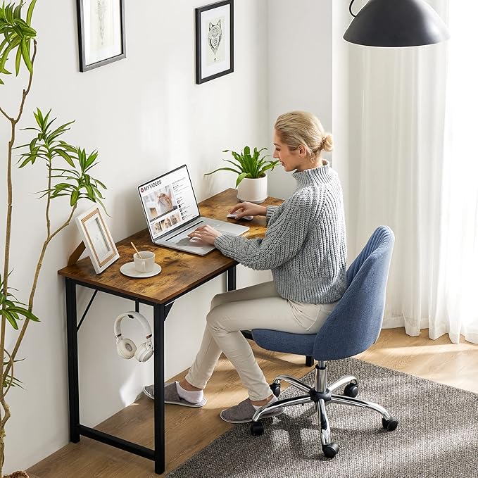 Computer Desk Small Office Desk 40 Inch Writing Desks Small Space Desk Study Table Modern Simple Style Work Table with Storage Bag Headphone Hook Wooden Tabletop Metal Frame for Home, Bedroom - LeafyLoom