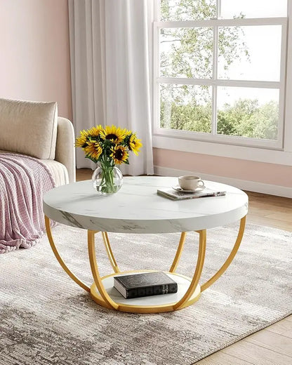 Round Coffee Table, 32" Circle Faux Marble Coffee Tables for Living Room, 2-Tier Golden Metal Legs Accent Center Table with Open Storage Modern Design Home Furniture (White and Gold) - LeafyLoom