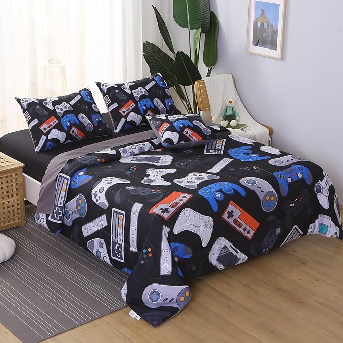 6Pcs Game Console Comforter Set with Sheets for Boys Girls Kids Teens, Gamepad Collection Themed Bed in A Bag Twin Size, 3D Video Gamer Controller Bedroom Decor Bedding Set - LeafyLoom