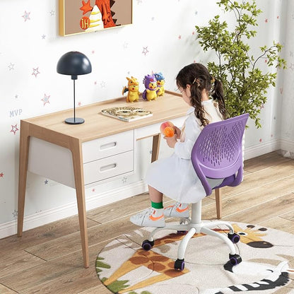 Kids Desk Chair, Purple Ergonomic Kids Office Chair Ages8-12 w/Lumbar Support, Low-Back Teen Desk Chair for Girls Boys, Small Cute Kids Computer Chair for Bedroom/Study/Vanity Desk - LeafyLoom