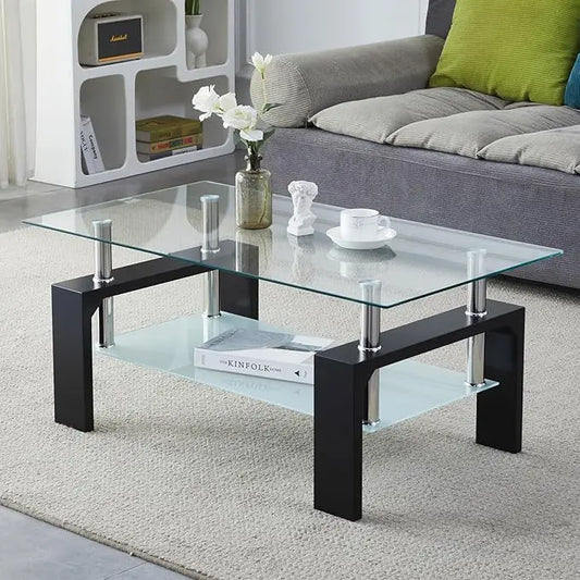 Coffee Table - Rectangle Glass Coffee Table with Simple and Classical Inspired Design, Easy Assembly for Modern Living, 39.5 * 23.5 * 17.5 inches (Black) - LeafyLoom