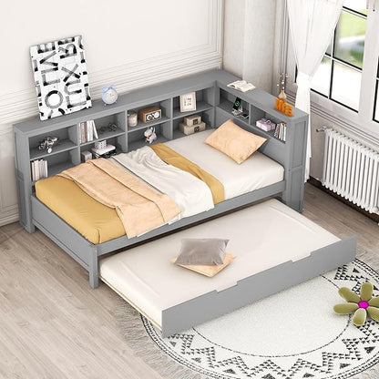 Wooden Twin Size DayBed with L-Shaped Bookcase Headboard and Trundle, Wood Twin Day Bed Frame with Storage Shelf and USB Charging Ports for Living Room Bedroom, Gray - LeafyLoom