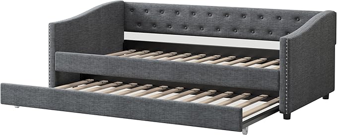 Twin Size Daybed with Trundle, Linen Upholstered Tufted Sofa Day Bed Frame with Button, Waved Shape Arms & Nailhead, Wooden Slats Support for Apartment,Bedroom, Dark Grey-1 - LeafyLoom