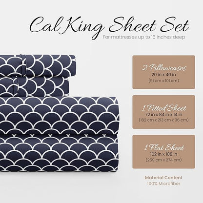 4 Piece California King Bedding Sheet Set (Navy Scallops) - Sleep Better Than Ever with These Ultra-Soft & Cooling Bed Sheets for Your Cal King Size Bed - Deep Pocket Fits 16" Mattress - LeafyLoom