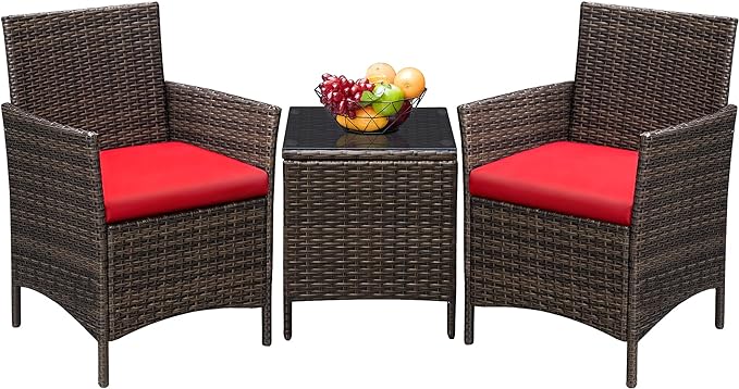 Greesum 3 Pieces Patio Furniture Sets Outdoor PE Rattan Wicker Chairs with Soft Cushion and Glass Coffee Table for Garden Backyard Porch Poolside, Brown and Red - LeafyLoom