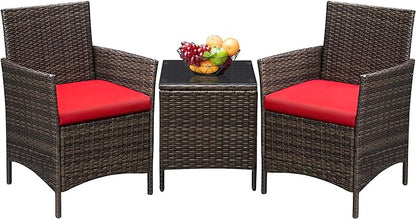 Greesum 3 Pieces Patio Furniture Sets Outdoor PE Rattan Wicker Chairs with Soft Cushion and Glass Coffee Table for Garden Backyard Porch Poolside, Brown and Red - LeafyLoom