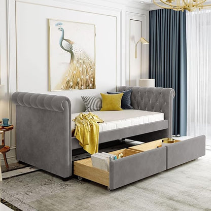 Twin Size Velvet Upholstered Daybed with Trundle and Two Armrests,Storage Wonden Bed Frame,W/Drawer,Wood Slat Support,for Apartment,Bedroom,Living Room,No Box Spring Needed,Gray - LeafyLoom