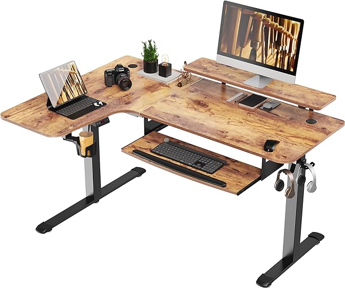 EUREKA ERGONOMIC Standing Desk with Keyboard Tray, Computer Desk, 61" L Shaped Electric Adjustable Height Desk w Monitor Stand LED, Corner Sit Stand Desk Gaming Desk, Dual Motor,Left/Rustic Brown - LeafyLoom