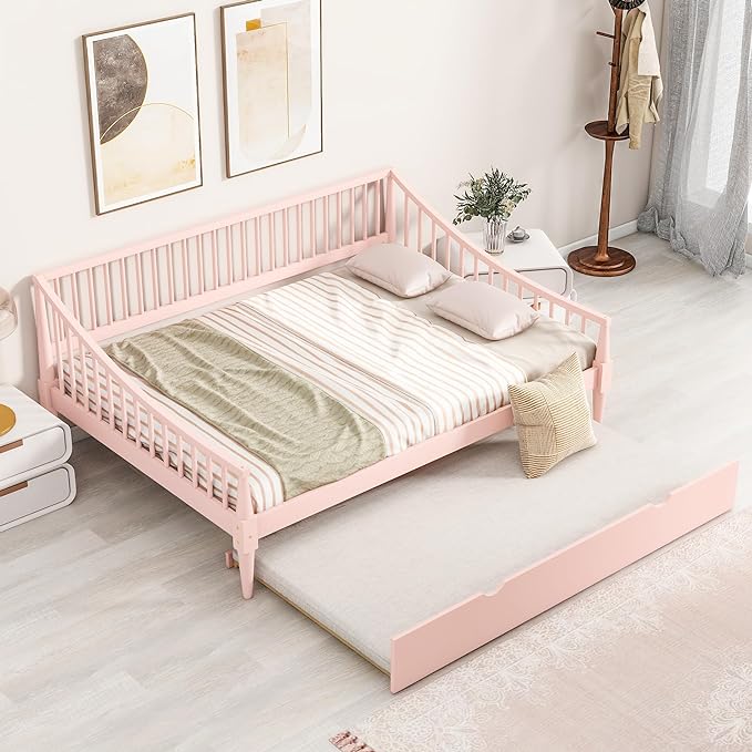 Full Size Daybed with Hideaway Trundle and Support Legs,Multi-functional Wood Bed Frame,W/Rails Three Sides,Easy to Assemble,for Bedroom,Living Room,Apartment,Pink - LeafyLoom