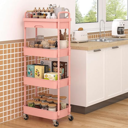 4-Tier Rolling Cart，Trolley with Drawer, Kitchen Storage Organizer with Plastic Shelf & Metal Wheels, Storage Cart for Living Room, Kitchen, Office, Bathroom, Pink - LeafyLoom