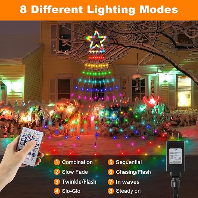 PUHONG Christmas Decoration Star Flowing Multicolor Color Changing Lights Outdoor, 320 LED 16.4Ft Star Waterfall Tree Lights with 8 Lighting Modes Remote Timer, for Xmas New Year Holiday Birthday PUHONG