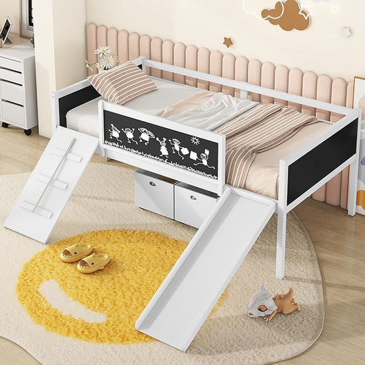 Twin Size Low Loft Bed with Slide and 2 Storage Boxes,Kids Low Loft Bed Frame with Climbing and Chalkboard,Solid Loft Bed Twin for Boys,Girls,White - LeafyLoom