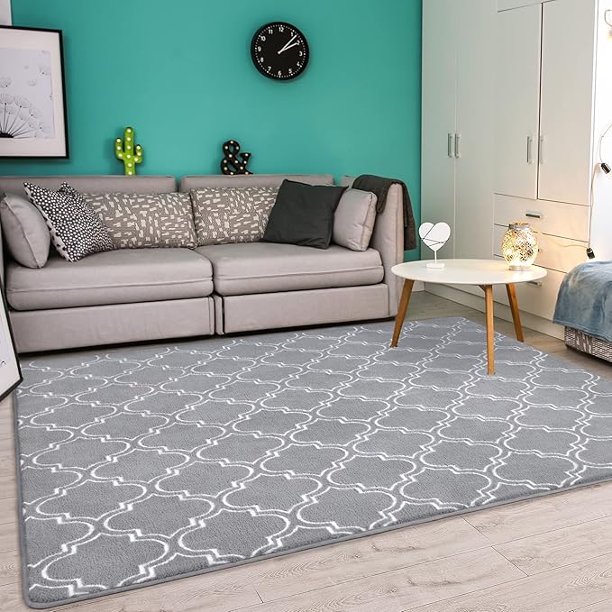 Chicrug Shag Geometric Modern Area Rug for Bedroom, 6x9 Feet Memory Foam Indoor Carpet, Fluffy Rug for Living room Bedside Room Decor for Family Girls Kids Nursery Play Mat, Grey/White - LeafyLoom