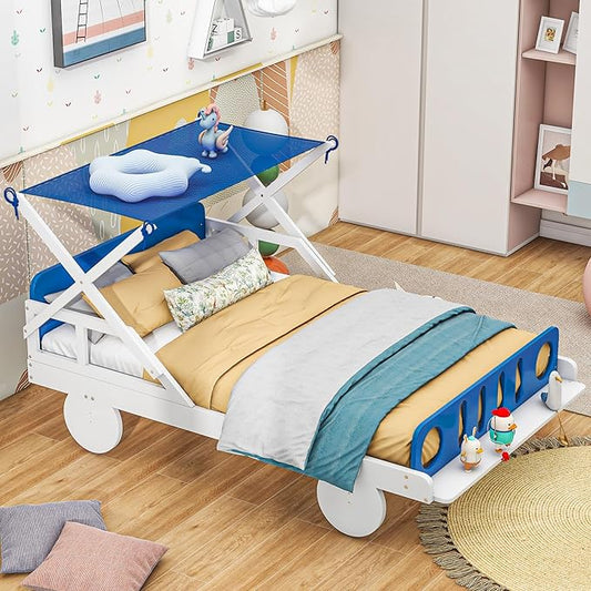 Wood Twin Size Car Bed with Ceiling Cloth, Headboard and Footboard, Car-Shaped Platform Bed W/Storage Shelves,Kids Twin-Bed-Frame for Boys,Girls,White+Blue - LeafyLoom