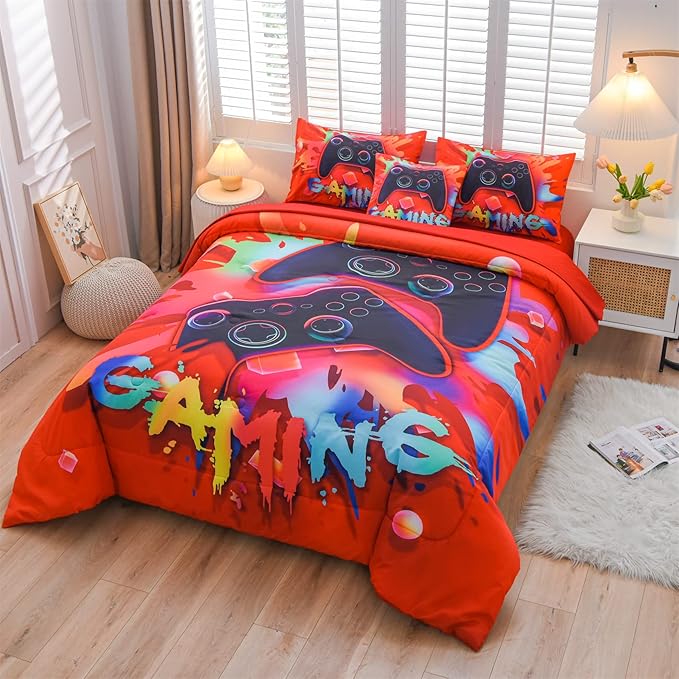 Aimuan Gaming Comforter Sets for Boys Kids Bedding Sets Video Games Console Action Buttons Novelty Colorful Game Gamepad Controller Modern Gamer Room Decor Home Quilt Set (Queen 6 Pcs,Red) - LeafyLoom