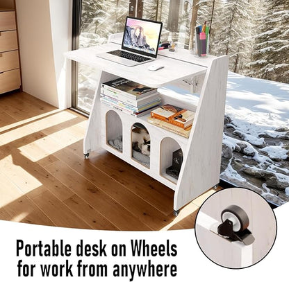 Pmnianhua Farmhouse Portable Desk on Wheels,Mobile Workstation,Rolling Computer Desk with Wheels and Storage for Home Office Small Space(white) - LeafyLoom