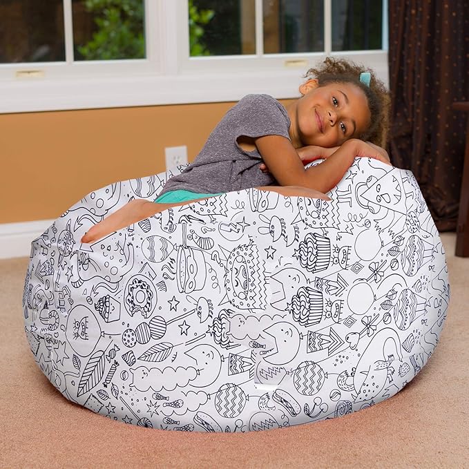 Posh Creations Bean Bag Chair for Kids, Teens, and Adults Includes Removable and Machine Washable Cover, Canvas Coloring Fabric - Fun Creatures, 38in - Large - LeafyLoom