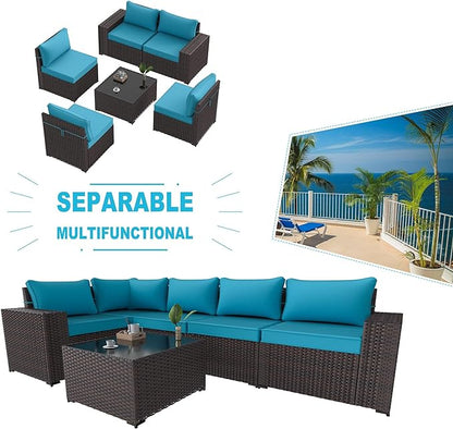 Kullavik 6PCS Outdoor Patio Furniture Set PE Wicker Rattan Sectional Sofa Patio Conversation Sets,Blue - LeafyLoom