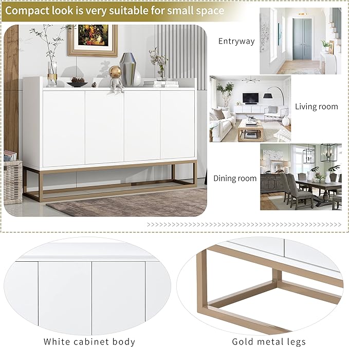 Sideboard Buffet Cabinet with Large Storage Space,Modern Particle Board Kitchen Console Table,W/ 4 Doors and Gold Metal Legs,Dining Room,Entryway,White, 47.2" - LeafyLoom