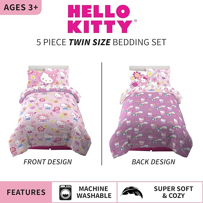 Franco Kids Bedding Super Soft Comforter and Sheet Set with Sham, 5 Piece Twin Size, Hello Kitty - LeafyLoom