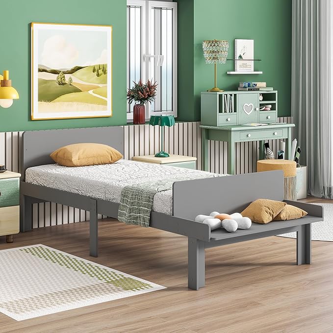 Twin Bed with Footboard Bench, Twin Kid Bed with Headboard, Wood Slat Support, Cute Kid Bed Frame with Book Storage Space, Twin Car Bed for Boys Girls Bedroom, No Box Spring Needed, Grey - LeafyLoom