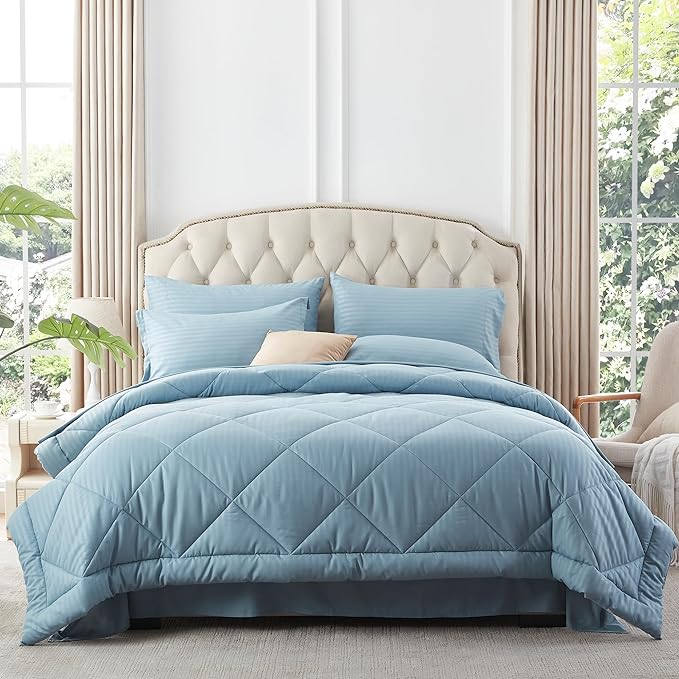 NexHome Blue Grey King Bed in a Bag 7-Pieces Comforter Sets with Comforter and Sheets Soft All Season Bedding Sets with Comforter, Pillow Shams, Flat Sheet, Fitted Sheet and Pillowcases - LeafyLoom