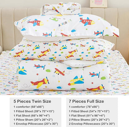 Mooreeke Bed in a Bag for Kids Boys Teens, 7 Pieces Full Size Aircraft Print Comforter Bed Set with Shams, Sheet Set, Airplane White Super Soft Microfiber Kids Comforter Bedding Set - LeafyLoom