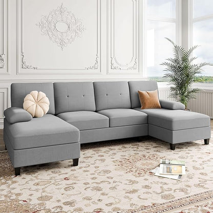 Shintenchi Sectional Couches for Living Room, U Shaped Sofa Couch with Double Chaise, 4-Seat Living Room Furniture Sets with Soft Cushion & Linen Fabric, Light Grey - LeafyLoom