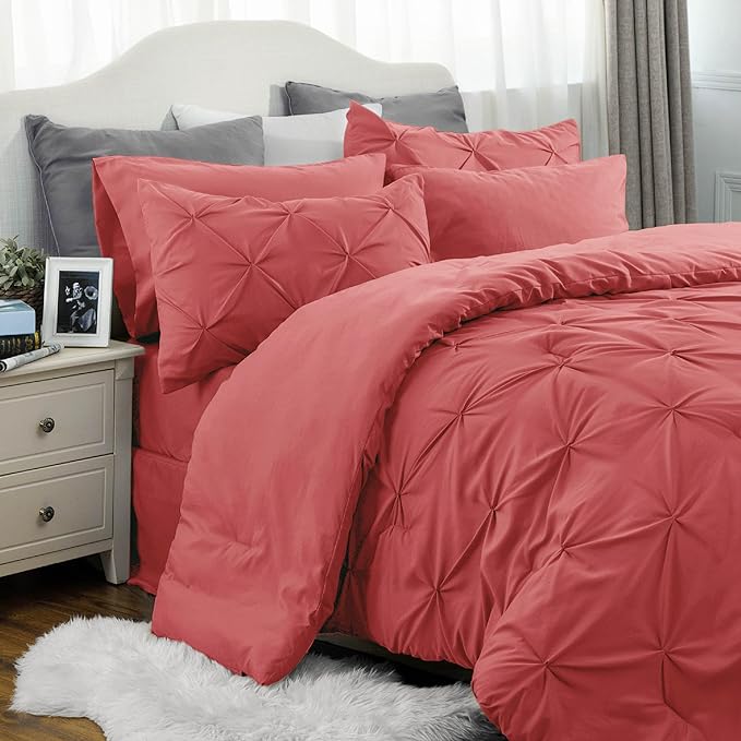 Bedsure Twin Comforter Set with Sheets - 5 Pieces Twin Bedding Sets, Twin Bed in a Bag with Comforter, Sheets, Pillowcase & Sham (Coral Red) - LeafyLoom