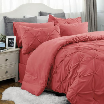 Bedsure Full Size Comforter Sets - Bedding Sets Full 7 Pieces, Bed in a Bag Bed Sets with Comforter, Sheets, Pillowcases & Shams, Adult & Kids Bedding (Coral Red) - LeafyLoom