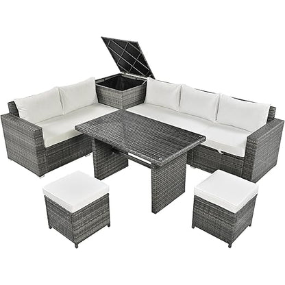 6-Piece Patio Furniture Set, L-Shaped Outdoor PE Wicker Rattan Sectional ConversationSet with Adjustable Seat, Storage Box, Removable Covers and Tempered Glass Top Table, for Backyard - LeafyLoom