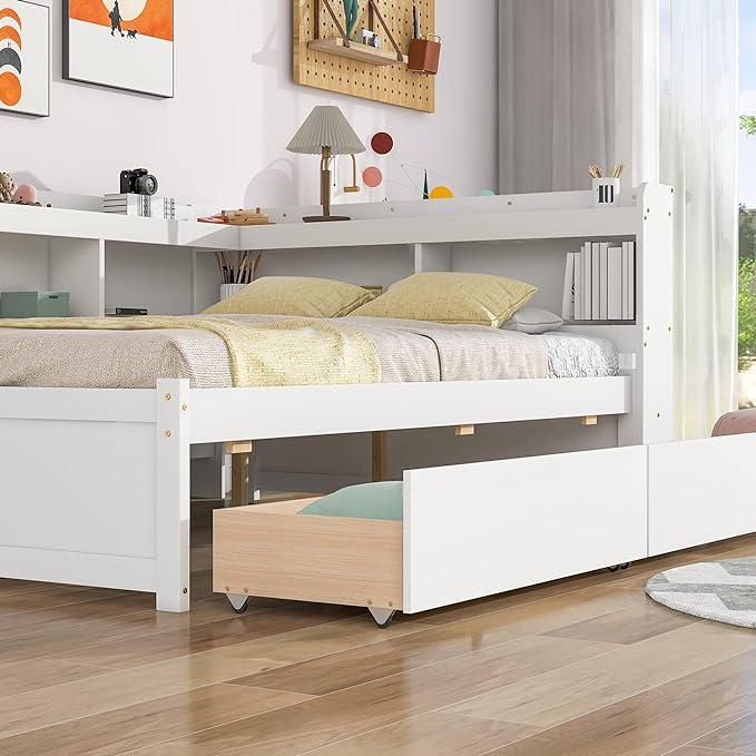 Full Size Bed with Storage Drawers and L-Shaped Bookcases, Wood Platform Bed Daybed Sofa Bed Frame with Headboard for Bedroom Living Room, White - LeafyLoom