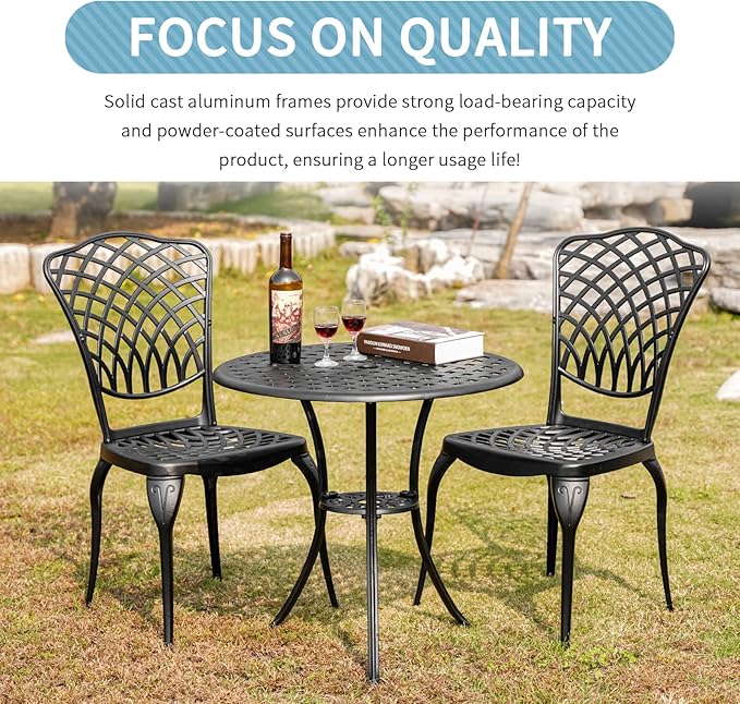 Black Cast Aluminum Bistro Set 3 Piece Outdoor,Small Patio Table and Chairs with Umbrella Hole,Outdoor Bistro Set for Front Porch Set Woven Patio Set for Garden,Yard(Black) - LeafyLoom