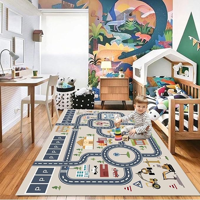 kid rug carpet playmat for toy cars and trains,road traffic kids play area rug,city Life town play Mat for Playroom Bedroom Boys,Children's Educational Fun Throw Rug with Rubber Backing 59X94IN - LeafyLoom