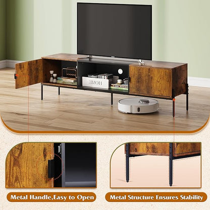 WLIVE Modern TV Stand for 65 Inch TV, Mid Century Entainment Center with Storage, TV Console with Open Shelf and 2 Cabinets for Bedroom and Living Room, TV Cabinet with Metal Legs, Rustic Brown - LeafyLoom