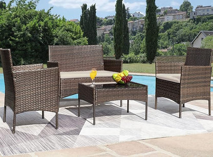 Greesum Patio Furniture 4 Pieces Conversation Sets Outdoor Wicker Rattan Chairs Garden Backyard Balcony Porch Poolside loveseat with Soft Cushion and Glass Table, Brown and Beige - LeafyLoom