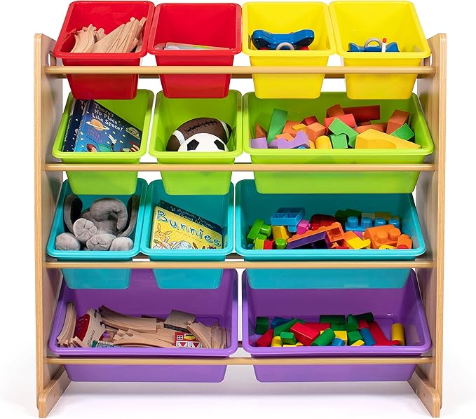 Humble Crew Kids Toy Storage Organizer with 12 Storage Bins, Rainbow/Natural Wood - LeafyLoom