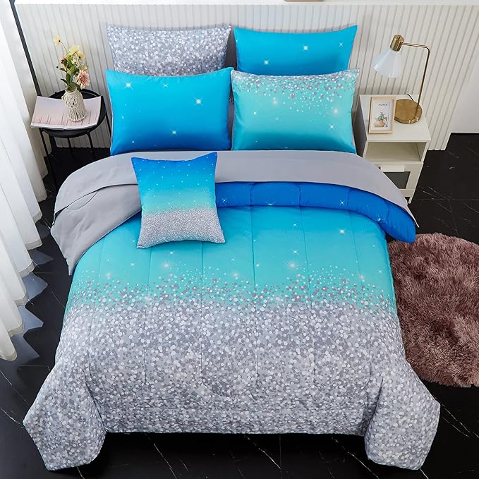 inron Aqua Glitter Comforter Sets for Girls Women,Full Size 5-Pieces Bed in a Bag Ultra Soft Microfiber Comforter and Sheet Sets, All Season Durable Bedding Set(Aqua,Full) - LeafyLoom