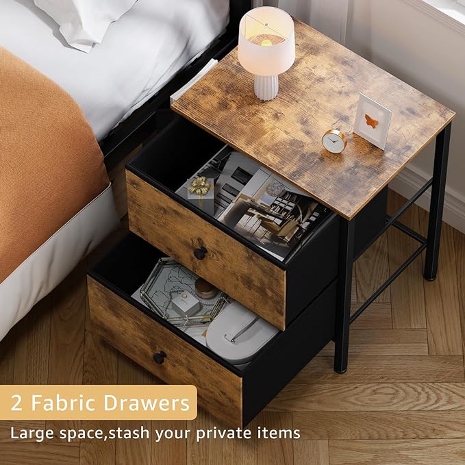 BOLUO Night Stand with Drawers for Bedroom - Small nightstand with Pocket 2 Drawer Dresser End Table Brown - LeafyLoom