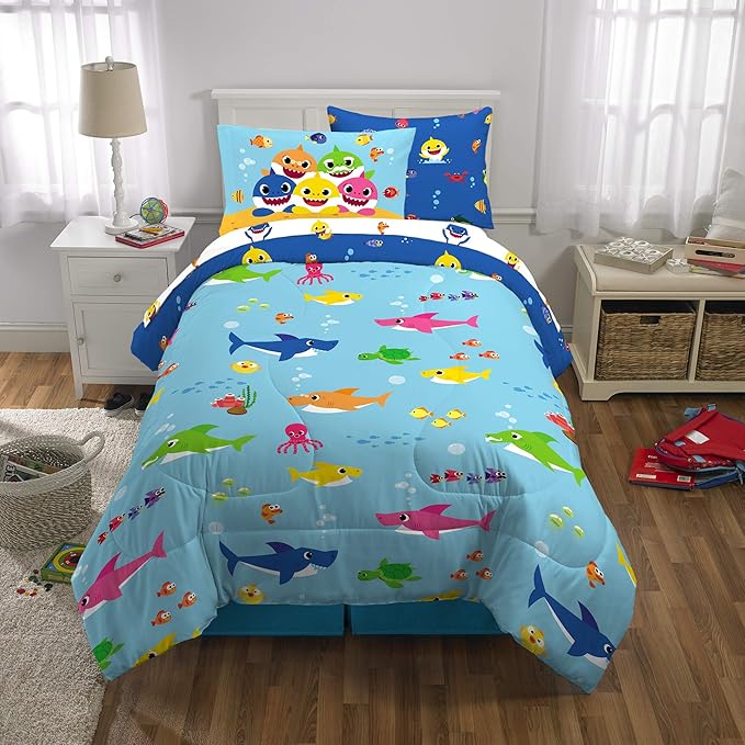 Franco Kids Bedding Super Soft Comforter and Sheet Set with Sham, 5 Piece Twin Size, Baby Shark - LeafyLoom