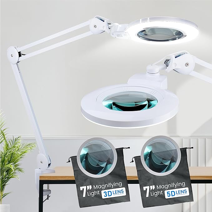 Desk Magnifying Glass with Light - DAEV - 7" Large LED Magnifying Glass with Clamp, Easy Change 5D (2.25X) and 3D (1.75X) Glass. 1600 Lumen, 6500K CCT Dimmable LED Magnifier with Light, White - LeafyLoom