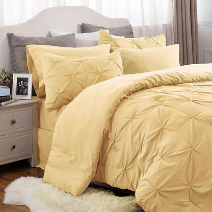 Bedsure Yellow Queen Comforter Set - Bed in a Bag Queen 7 Pieces, Pintuck Beddding Sets Yellow Bed Set with Comforter, Sheets, Pillowcases & Shams - LeafyLoom