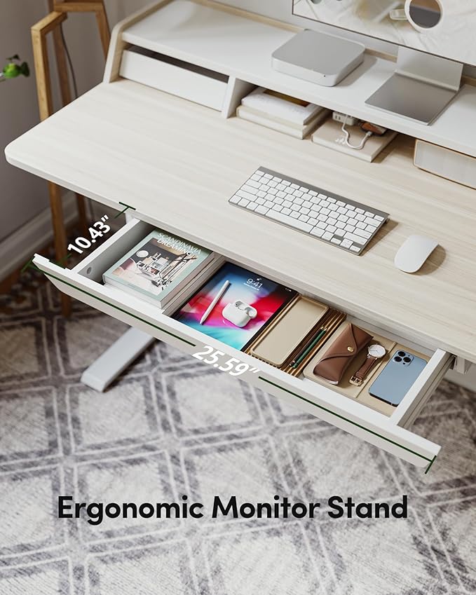 BANTI Height Adjustable Electric Standing Desk with Three Drawers, 48 x 25 Inch Table with Storage Shelf, Sit Stand Desk with Storage Space, Splice Board with White Frame/Light Walnut Top, 48 inch - LeafyLoom