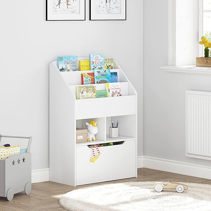 UTEX Bookshelf for Kids, Wooden Book Display, Kids Bookshelf and Toy Storage, Children Book Rack Bookcase Toybox Combo for Bedroom & Nursery, White - LeafyLoom